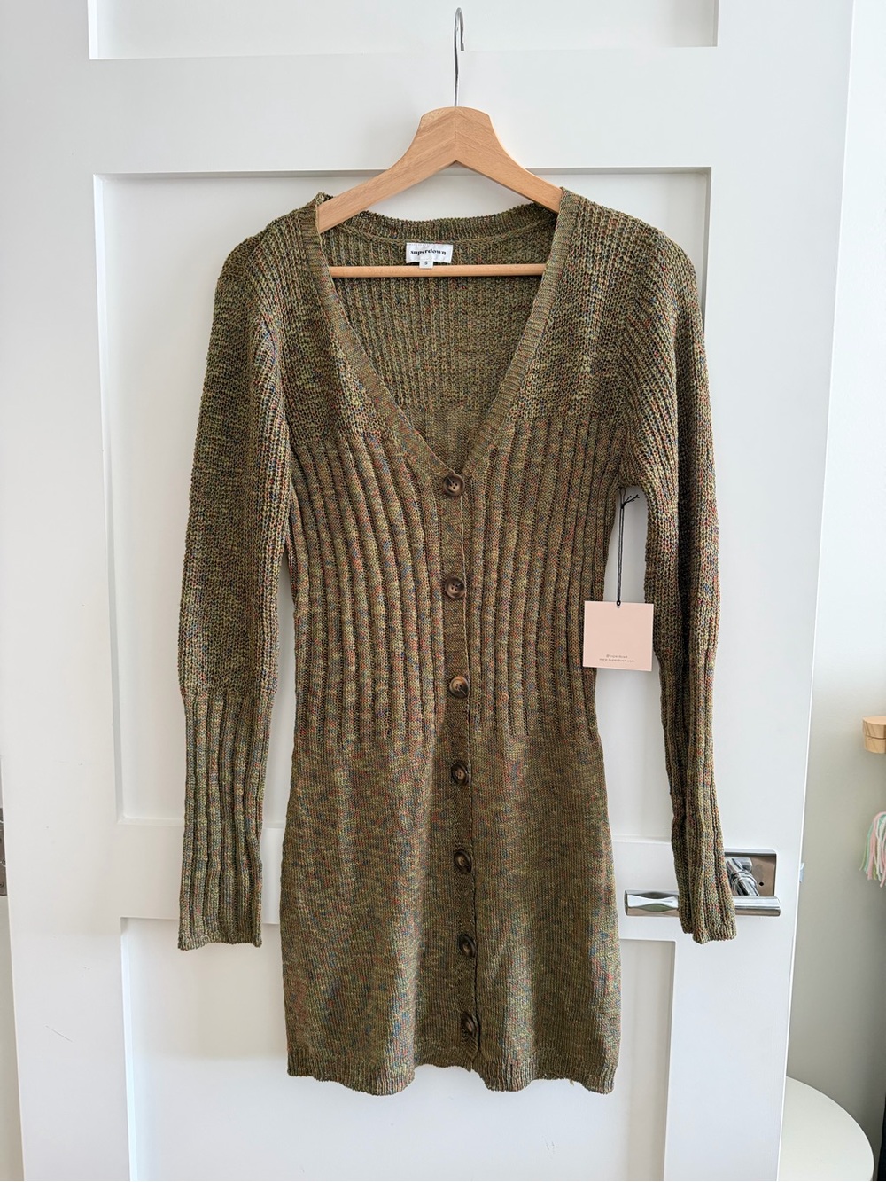 superdown Olive Green Ribbed V-Neck Button Front Sweater Dress
